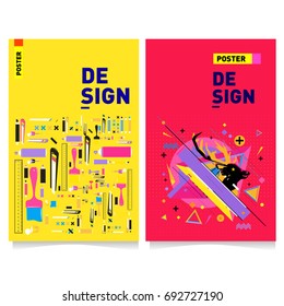 Flat color covers set. Colorful geometric shapes with typography poster design template. Trendy design and colorful summer theme. 