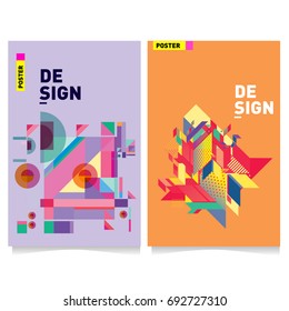 Flat color covers set. Colorful geometric shapes with typography poster design template. Trendy design and colorful summer theme. 