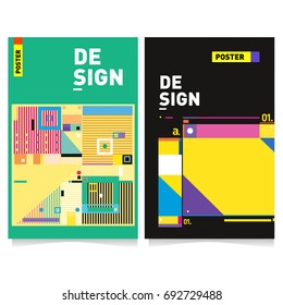 Flat color covers set. Colorful geometric shapes with typography poster design template. Trendy design and colorful summer theme. 