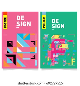 Flat color covers set. Colorful geometric shapes with typography poster design template. Trendy design and colorful summer theme. 