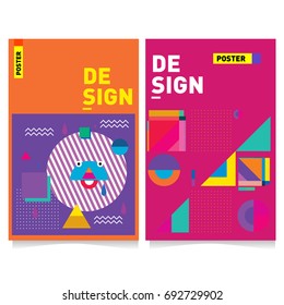 Flat color covers set. Colorful geometric shapes with typography poster design template. Trendy design and colorful summer theme. 