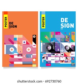 Flat color covers set. Colorful geometric shapes with typography poster design template. Trendy design and colorful summer theme. 