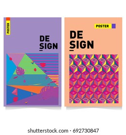 Flat color covers set. Colorful geometric shapes with typography poster design template. Trendy design and colorful summer theme. 