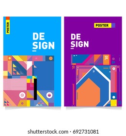 Flat color covers set. Colorful geometric shapes with typography poster design template. Trendy design and colorful summer theme. 