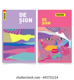 Flat color covers set. Colorful geometric shapes with typography poster design template. Trendy design and colorful summer theme. 