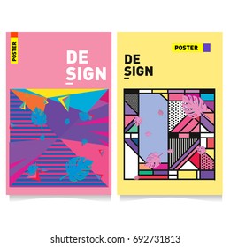 Flat color covers set. Colorful geometric shapes with typography poster design template. Trendy design and colorful summer theme. 