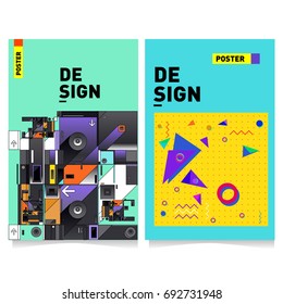 Flat color covers set. Colorful geometric shapes with typography poster design template. Trendy design and colorful summer theme. 