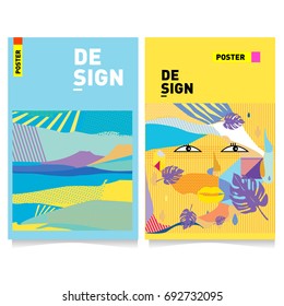 Flat color covers set. Colorful geometric shapes with typography poster design template. Trendy design and colorful summer theme. 