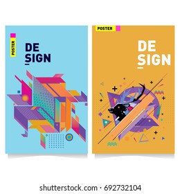 Flat color covers set. Colorful geometric shapes with typography poster design template. Trendy design and colorful summer theme. 