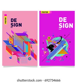 Flat color covers set. Colorful geometric shapes with typography poster design template. Trendy design and colorful summer theme. 