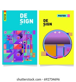 Flat color covers set. Colorful geometric shapes with typography poster design template. Trendy design and colorful summer theme. 