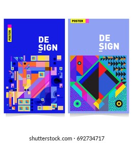 Flat color covers set. Colorful geometric shapes with typography poster design template. Trendy design and colorful summer theme. 