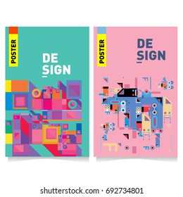 Flat color covers set. Colorful geometric shapes with typography poster design template. Trendy design and colorful summer theme. 