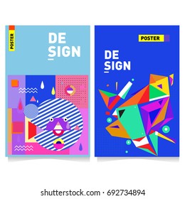 Flat color covers set. Colorful geometric shapes with typography poster design template. Trendy design and colorful summer theme. 