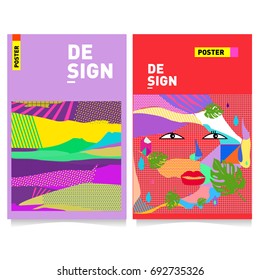 Flat color covers set. Colorful geometric shapes with typography poster design template. Trendy design and colorful summer theme. 