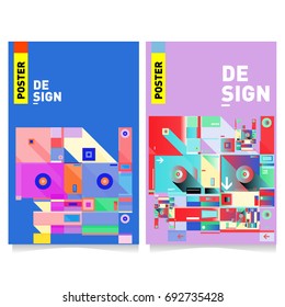 Flat color covers set. Colorful geometric shapes with typography poster design template. Trendy design and colorful summer theme. 