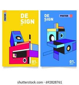 Flat color covers set. Colorful geometric shapes with typography poster design template. Trendy design and colorful summer theme. 