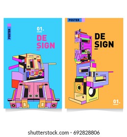 Flat color covers set. Colorful geometric shapes with typography poster design template. Trendy design and colorful summer theme. 