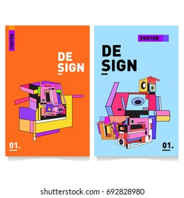 Flat color covers set. Colorful geometric shapes with typography poster design template. Trendy design and colorful summer theme. 