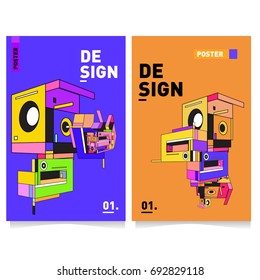 Flat color covers set. Colorful geometric shapes with typography poster design template. Trendy design and colorful summer theme. 