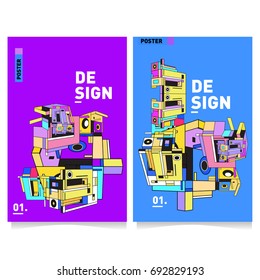Flat color covers set. Colorful geometric shapes with typography poster design template. Trendy design and colorful summer theme. 