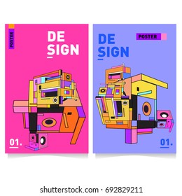 Flat color covers set. Colorful geometric shapes with typography poster design template. Trendy design and colorful summer theme. 