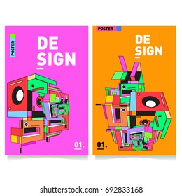 Flat color covers set. Colorful geometric shapes with typography poster design template. Trendy design and colorful summer theme. 