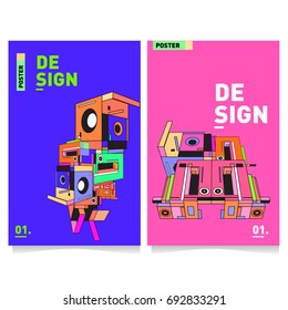 Flat color covers set. Colorful geometric shapes with typography poster design template. Trendy design and colorful summer theme. 