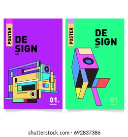 Flat color covers set. Colorful geometric shapes with typography poster design template. Trendy design and colorful summer theme. 