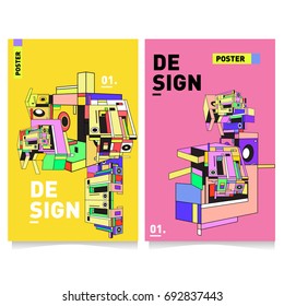 Flat color covers set. Colorful geometric shapes with typography poster design template. Trendy design and colorful summer theme. 