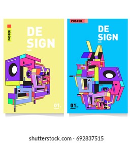Flat color covers set. Colorful geometric shapes with typography poster design template. Trendy design and colorful summer theme. 