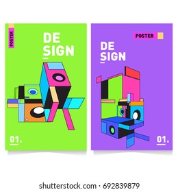 Flat color covers set. Colorful geometric shapes with typography poster design template. Trendy design and colorful summer theme. 