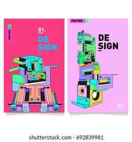 Flat color covers set. Colorful geometric shapes with typography poster design template. Trendy design and colorful summer theme. 