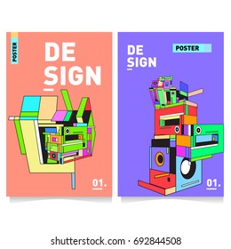 Flat color covers set. Colorful geometric shapes with typography poster design template. Trendy design and colorful summer theme. 