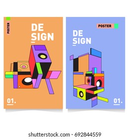 Flat color covers set. Colorful geometric shapes with typography poster design template. Trendy design and colorful summer theme. 