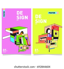 Flat color covers set. Colorful geometric shapes with typography poster design template. Trendy design and colorful summer theme. 