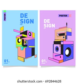 Flat color covers set. Colorful geometric shapes with typography poster design template. Trendy design and colorful summer theme. 