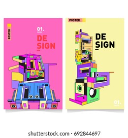 Flat color covers set. Colorful geometric shapes with typography poster design template. Trendy design and colorful summer theme. 