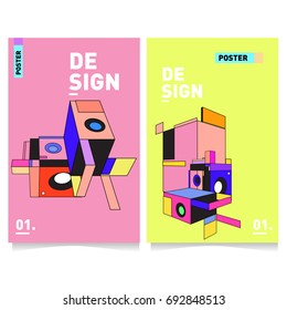 Flat color covers set. Colorful geometric shapes with typography poster design template. Trendy design and colorful summer theme. 