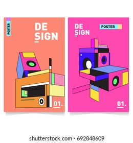 Flat color covers set. Colorful geometric shapes with typography poster design template. Trendy design and colorful summer theme. 