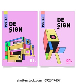 Flat color covers set. Colorful geometric shapes with typography poster design template. Trendy design and colorful summer theme. 