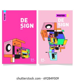 Flat color covers set. Colorful geometric shapes with typography poster design template. Trendy design and colorful summer theme. 