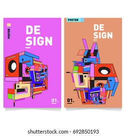 Flat color covers set. Colorful geometric shapes with typography poster design template. Trendy design and colorful summer theme. 