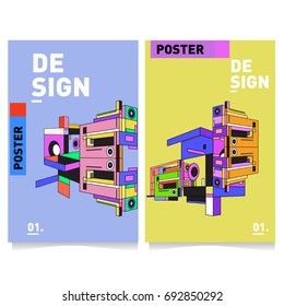 Flat color covers set. Colorful geometric shapes with typography poster design template. Trendy design and colorful summer theme. 