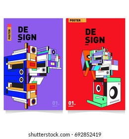 Flat color covers set. Colorful geometric shapes with typography poster design template. Trendy design and colorful summer theme. 