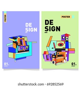 Flat color covers set. Colorful geometric shapes with typography poster design template. Trendy design and colorful summer theme. 