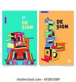 Flat color covers set. Colorful geometric shapes with typography poster design template. Trendy design and colorful summer theme. 