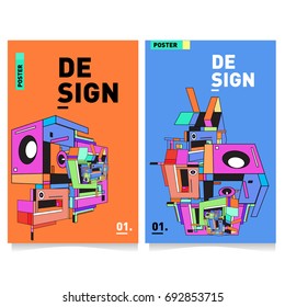 Flat color covers set. Colorful geometric shapes with typography poster design template. Trendy design and colorful summer theme. 