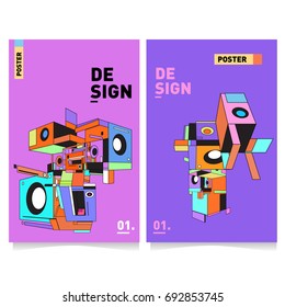 Flat color covers set. Colorful geometric shapes with typography poster design template. Trendy design and colorful summer theme. 