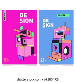 Flat color covers set. Colorful geometric shapes with typography poster design template. Trendy design and colorful summer theme. 